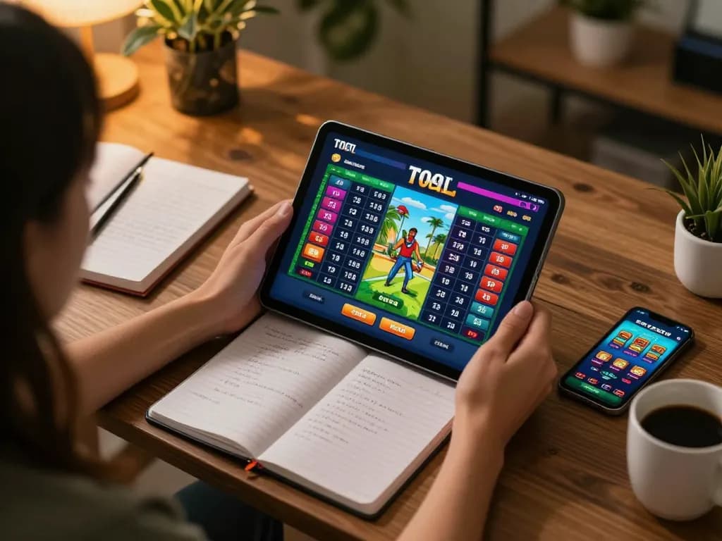 Engaging online gaming session at home featuring GTA Togel betting interface on a tablet with analysis notes nearby.