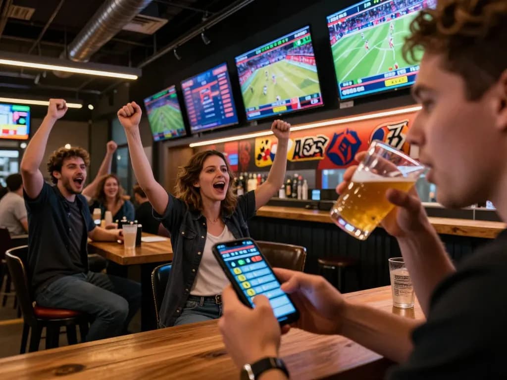 F8BET players engaging in live sports betting while checking odds on smartphone in a vibrant sports bar atmosphere