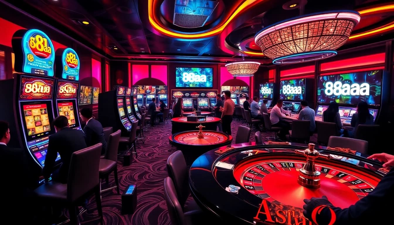 Experience thrilling gaming action at 88aa with vibrant slot machines and elegant casino tables.