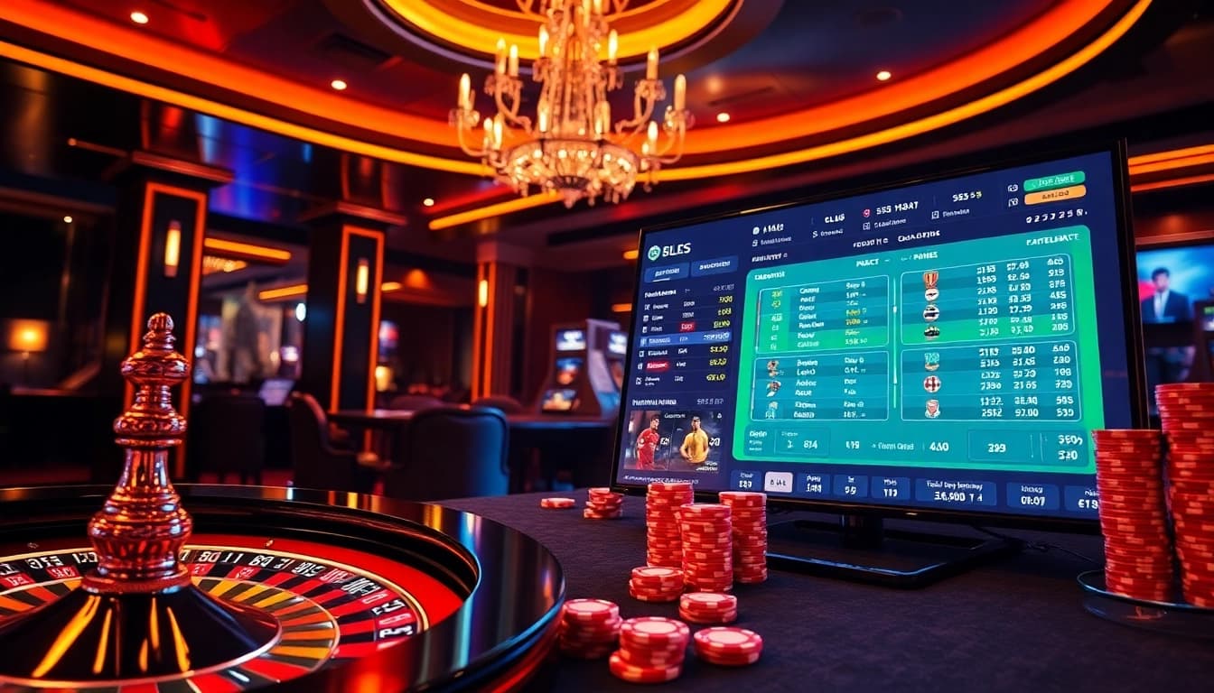 Experience the thrill of แทงบอลยังไง with dynamic sports betting visuals featuring roulette wheels and live match scores.