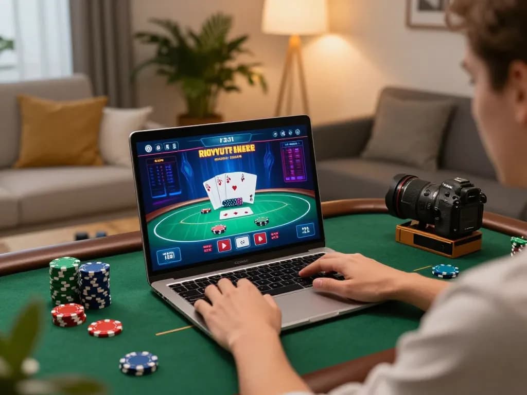 Kuwin player's engaging with online poker game on laptop in cozy home environment