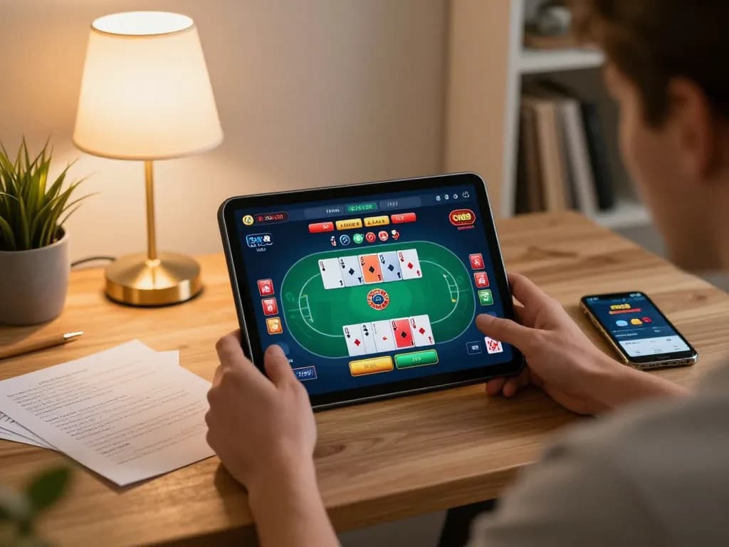 Player enjoying cm88 online casino poker game on tablet with strategic betting notes.