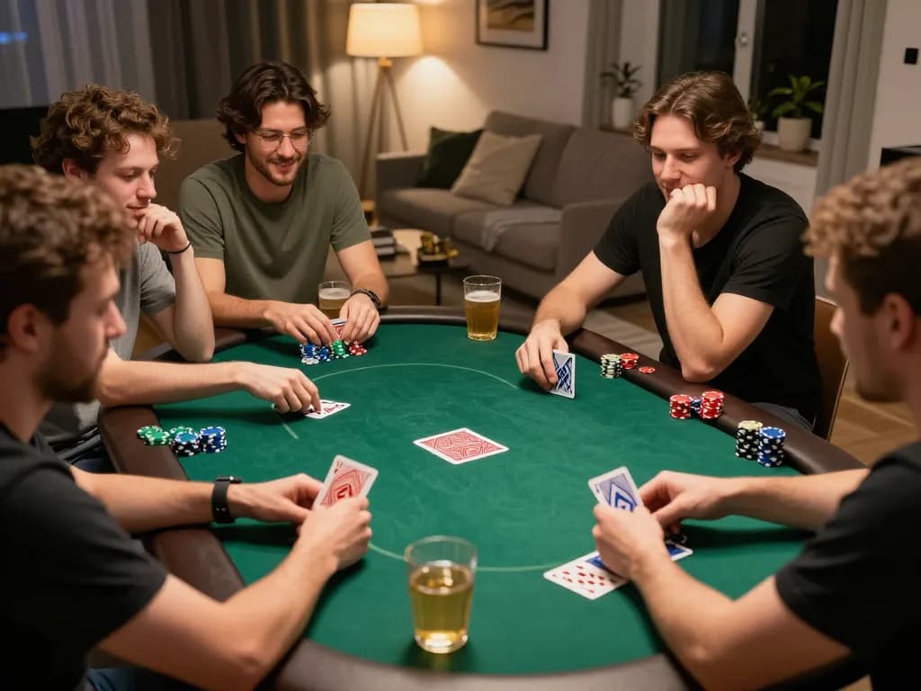 Friends enjoying poker night at home, showcasing engagement and strategy at FAFA 828