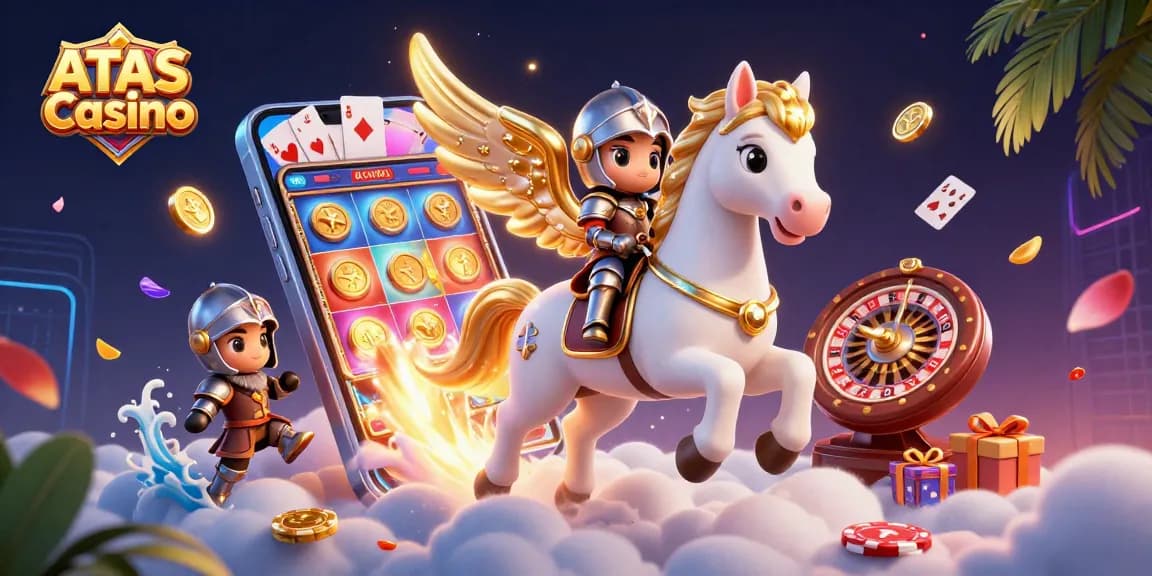 Experience thrilling wins at ATAS Casino with a lively 3D illustration of slot games and dynamic characters.