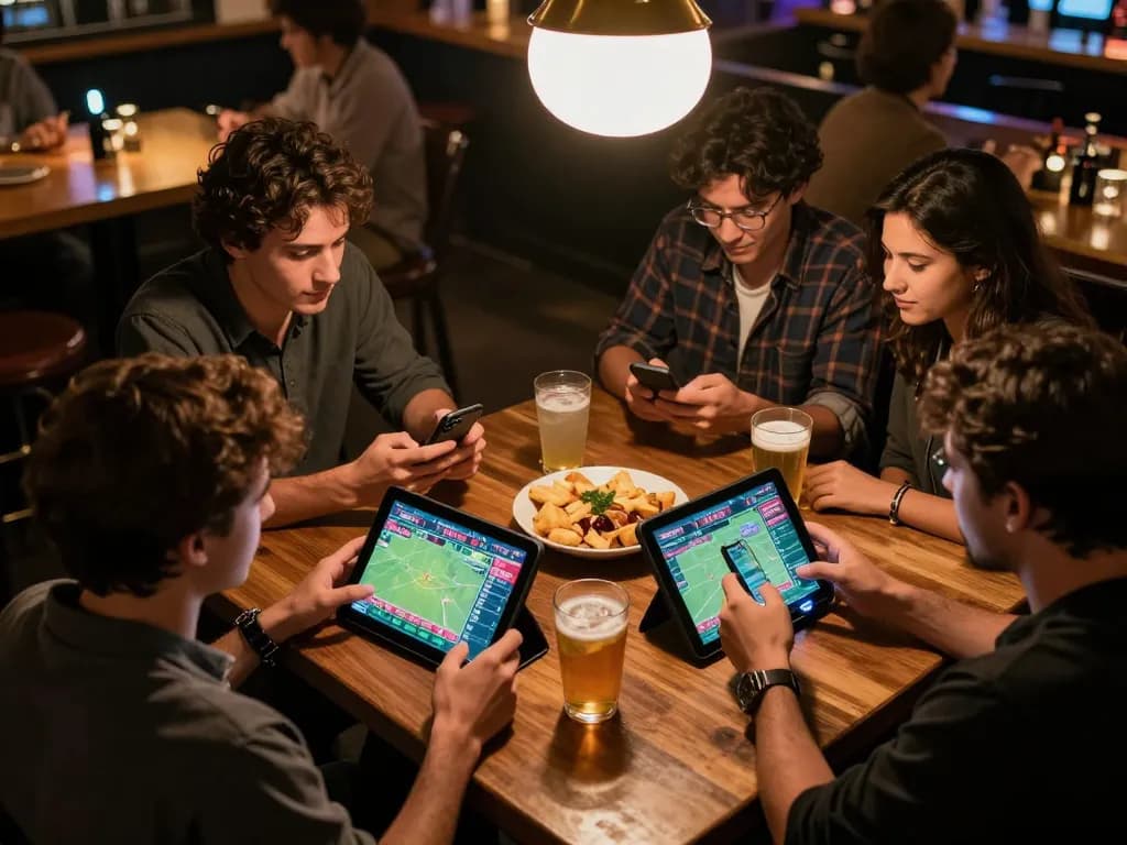 Excited patrons check odds and bet on snk88 during sports betting at a vibrant sports bar.