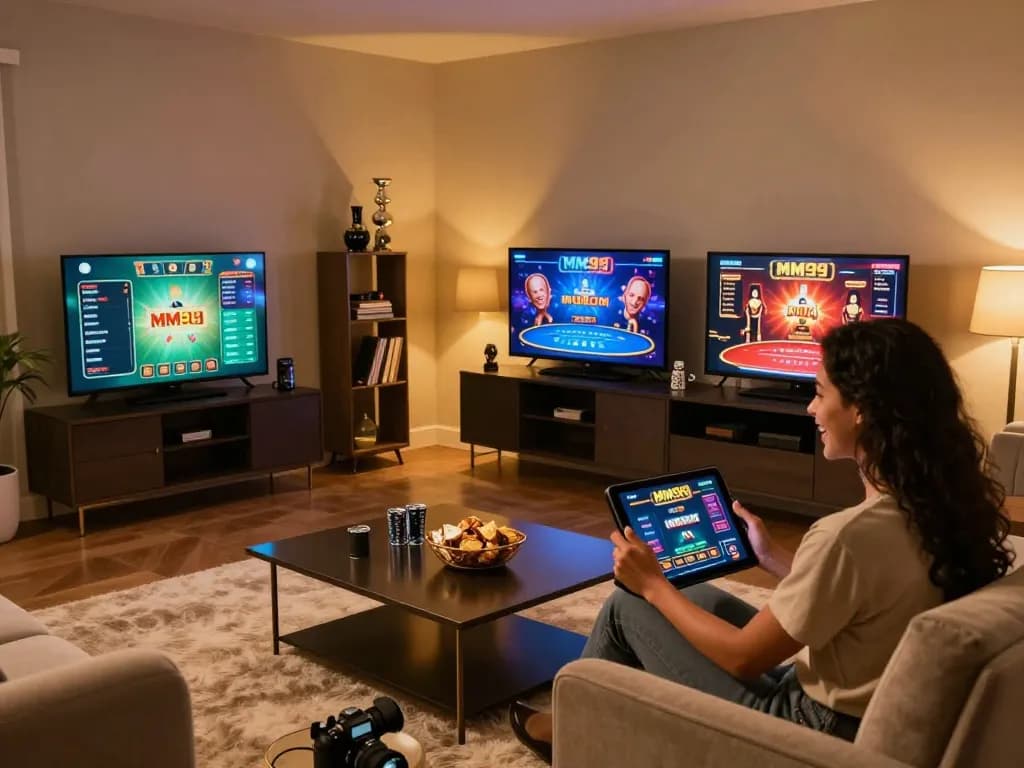 Player enjoying MM99 COM mobile gaming setup in a cozy home, showcasing strategic online gambling.