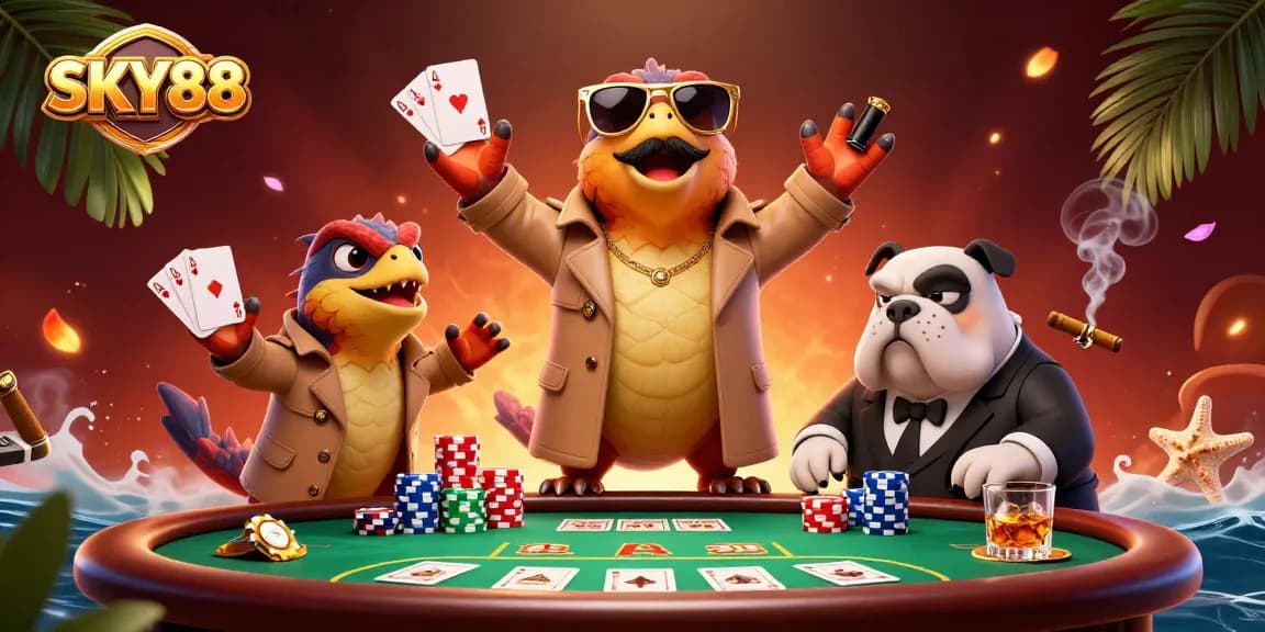 SKY88 showcases three raptors in disguise at a VIP casino lounge, surrounded by poker elements.