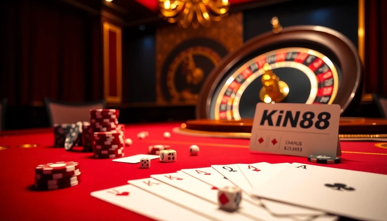 Join the thrilling action at King88 with poker chips and roulette wheels in a vibrant casino.