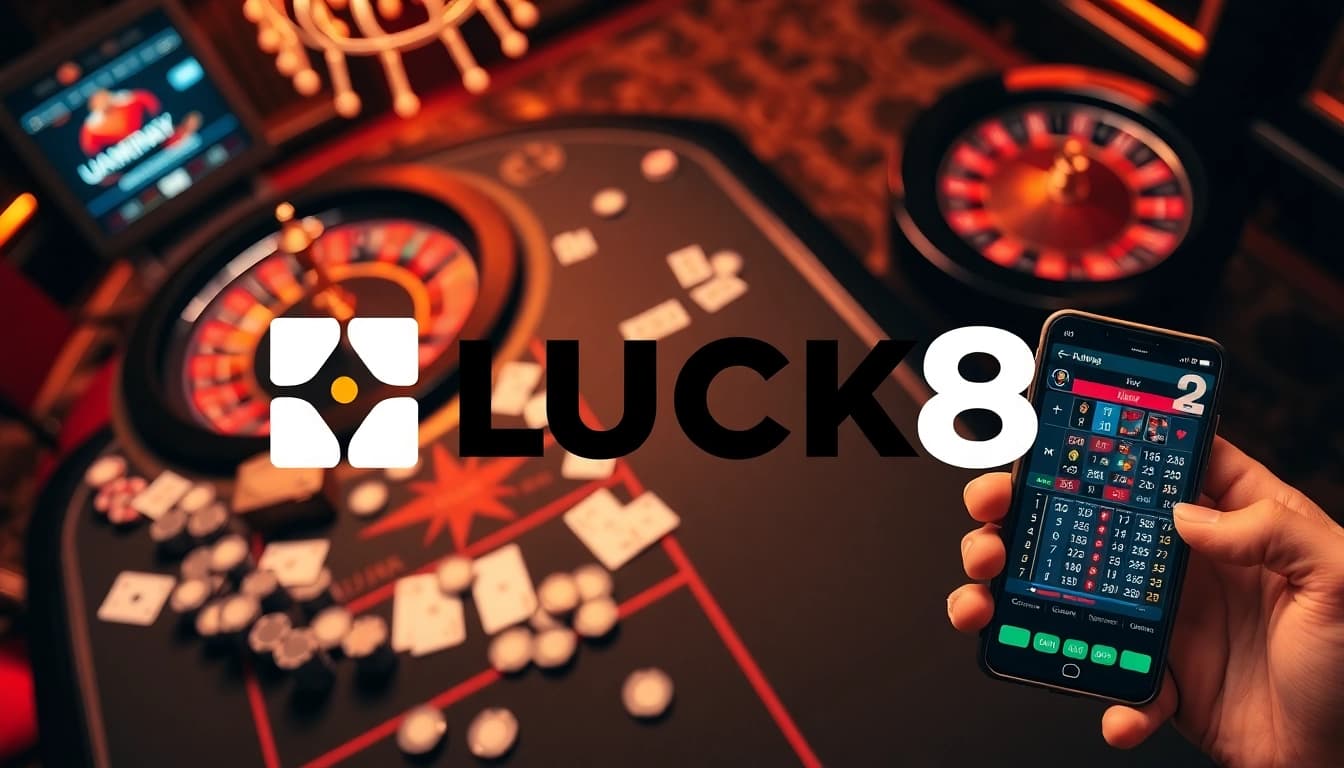 Exciting casino experience at LUCK8 with vibrant tables, chips, and high-stakes gaming.