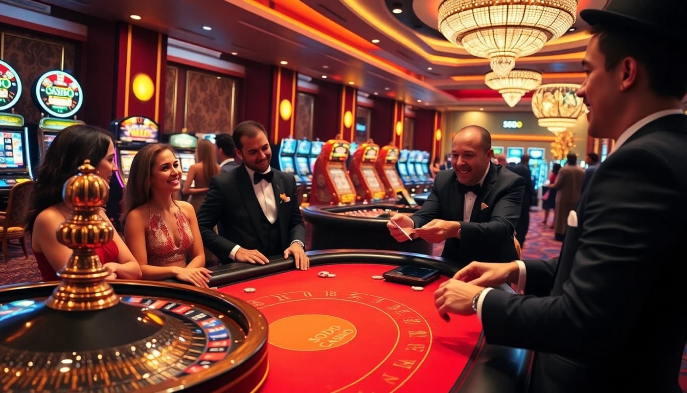 Experience high stakes action at SODO CASINO with vibrant poker tables and roulette wheels amidst a lively atmosphere.