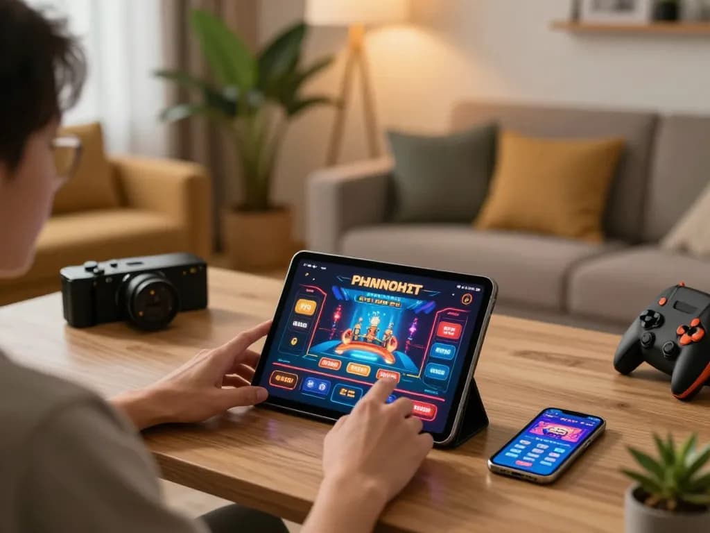 Engaged user playing TO288 online casino on tablet, showcasing digital interface and strategic gaming.