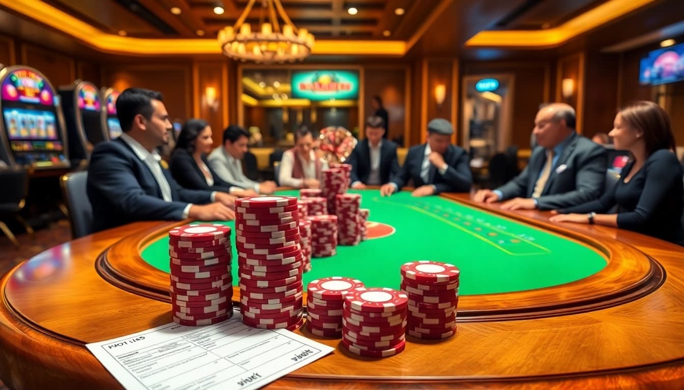 Experience excitement at i9bet casino with players engaged in poker and vibrant slot machines.
