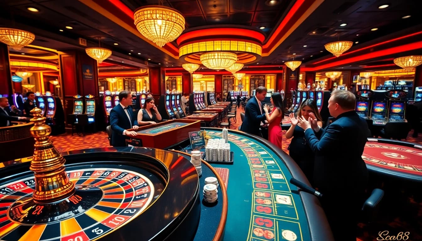Exciting action at the casino featuring co88 poker chips and a luxury roulette wheel.