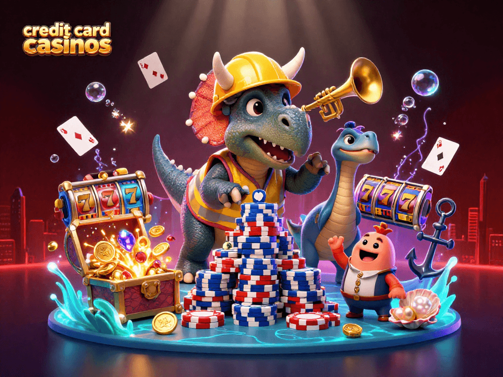 Engage with credit card casinos featuring vibrant cartoon dinosaurs celebrating around poker chips.
