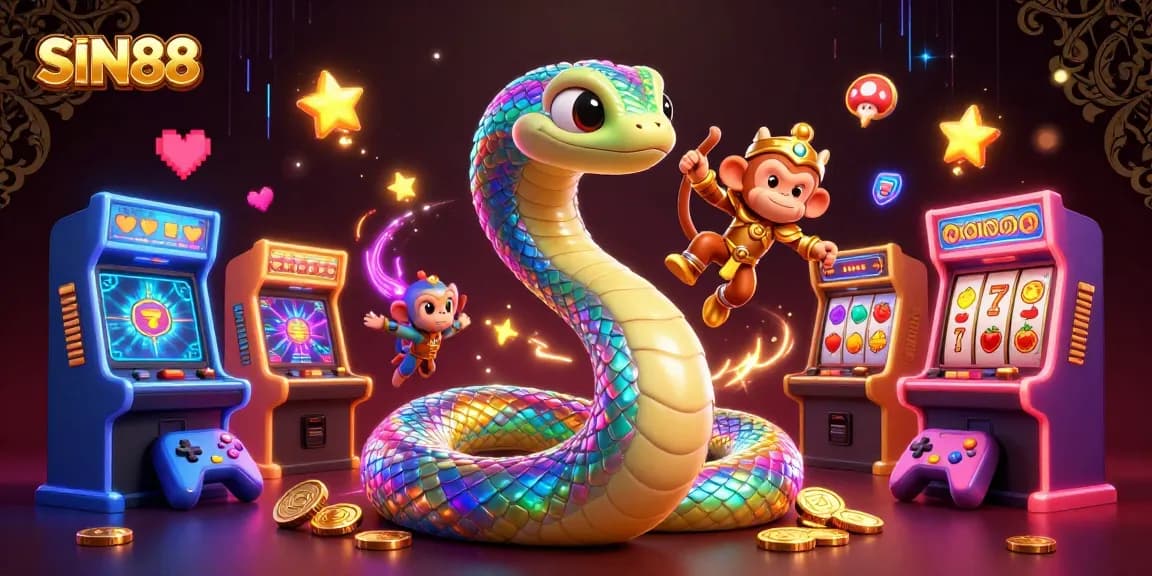 Engage with SIN88's vibrant 3D casino scene featuring a playful monkey king and a rainbow serpent.
