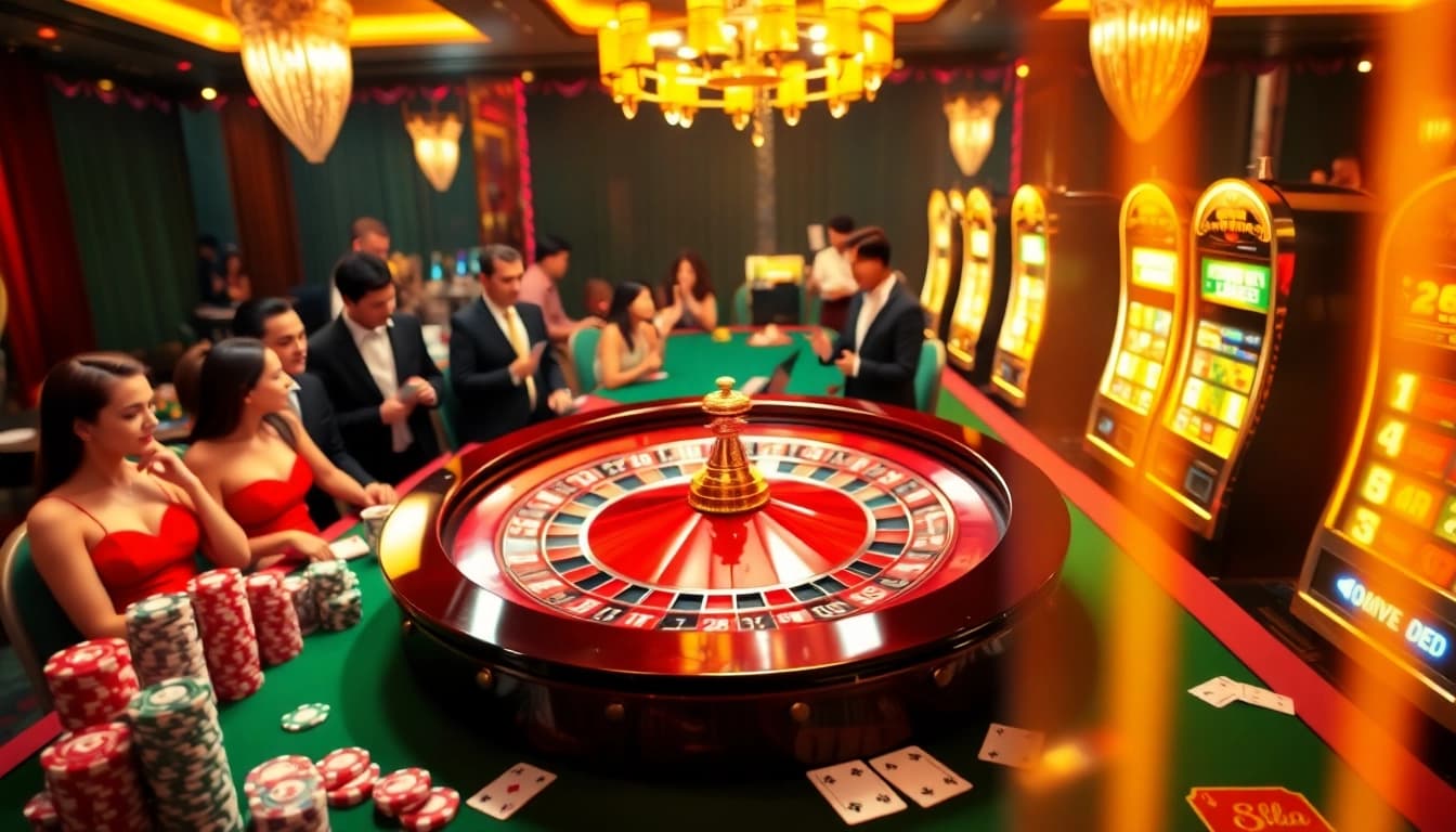 88aa players enjoying a luxurious casino experience at a roulette wheel with colorful chips and cards.