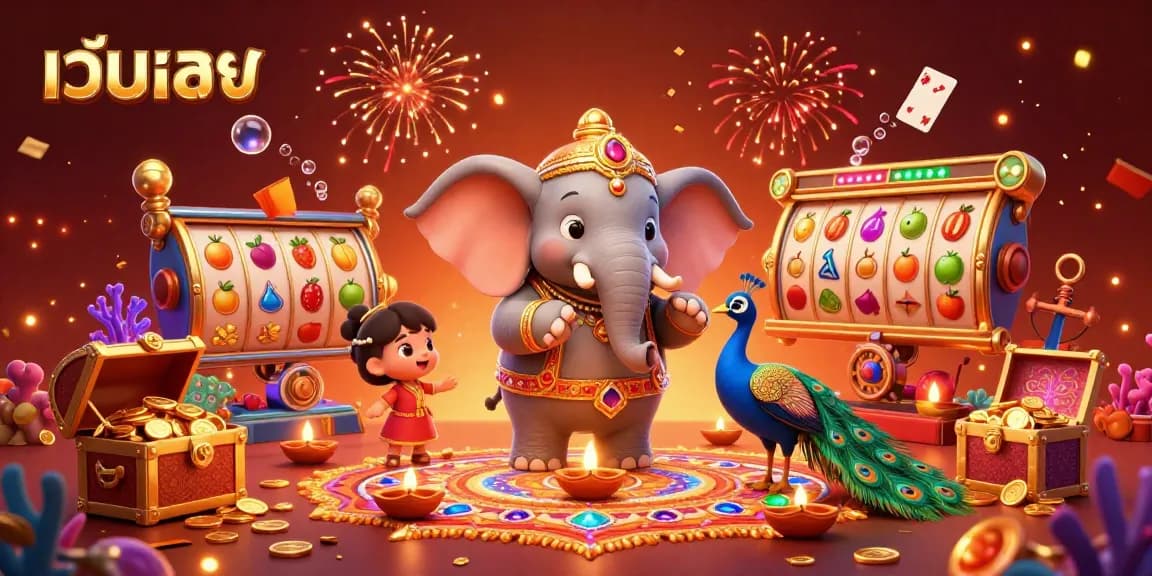 Experience เว็บตรง excitement with a colorful Diwali-themed casino scene filled with vibrant characters and action.