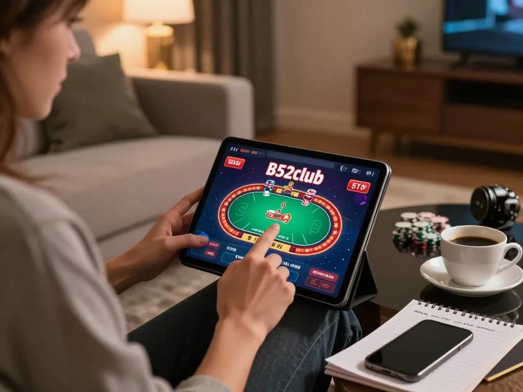 B52club user playing poker on tablet in cozy living room with stylish decor.
