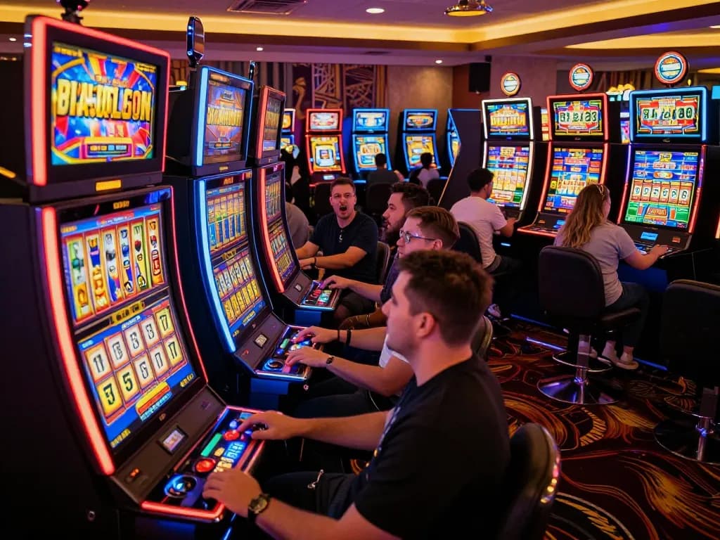 Players engaging with vibrant slot gacor machines, experiencing excitement and anticipation during gameplay.