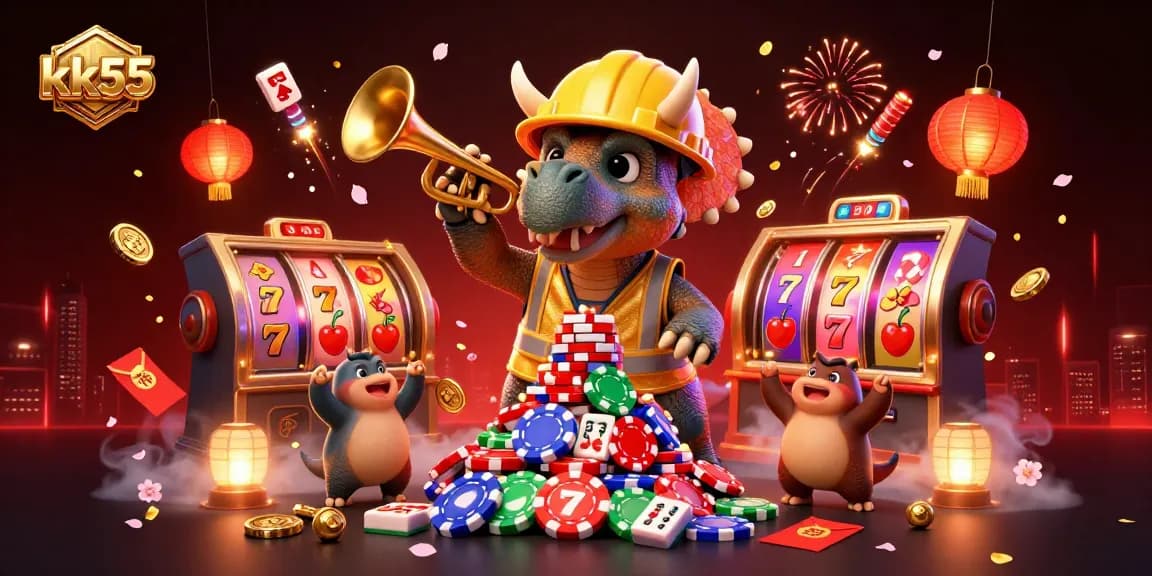Celebrate the thrill of gaming with kk55 as a jubilant triceratops builds a poker chip pyramid in an energetic casino scene.