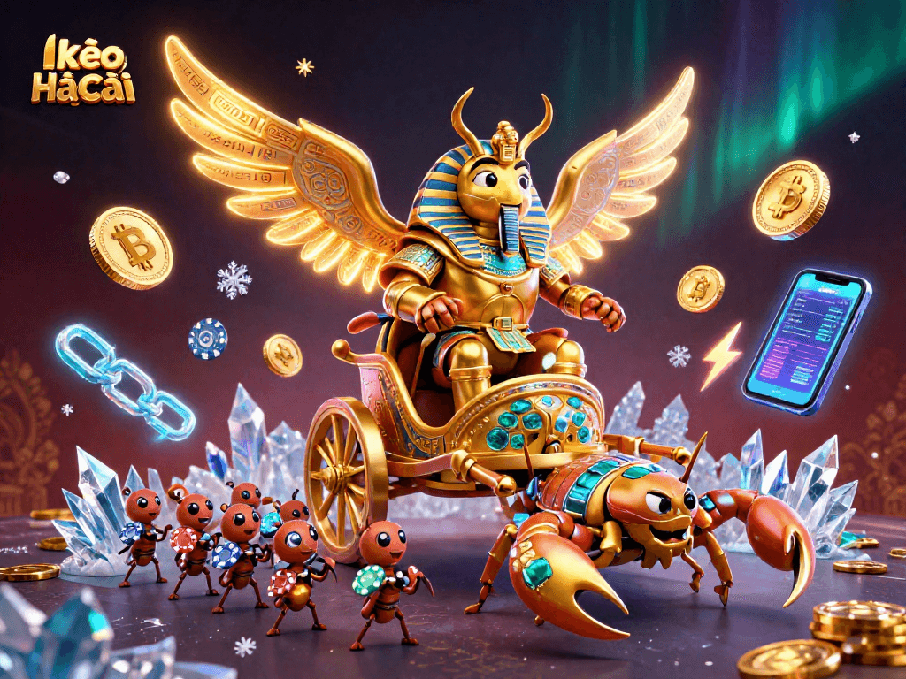 Engage with kèo nhà cái in this vibrant 3D illustration featuring a golden scarab beetle and scorpion chariot.