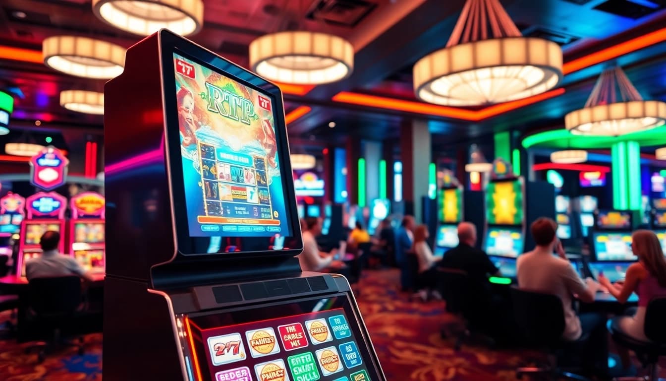 Engaging players around an illuminated rtp slot machine in a vibrant casino atmosphere.