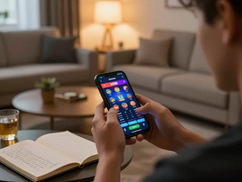 Engaging in online gaming with hi88 đăng nhập on a smartphone in a cozy living room setting