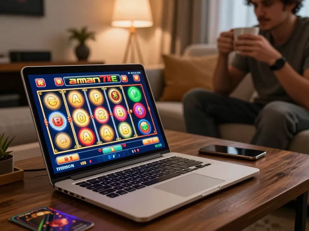 Engaging with aman788 slot games in a cozy home setup, emphasizing responsible gaming.