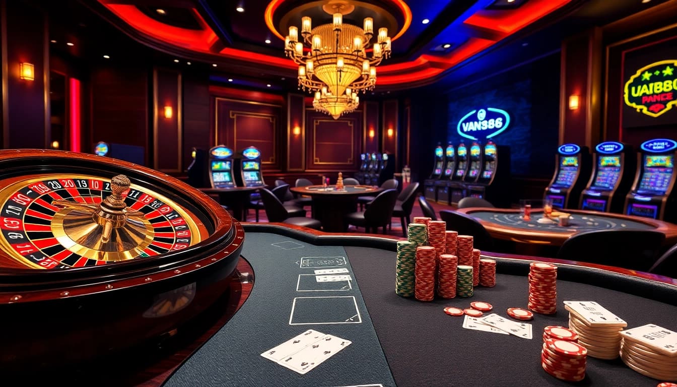 Exciting gaming scene from VA88 showcasing roulette wheel, poker tables, and vibrant casino ambiance.