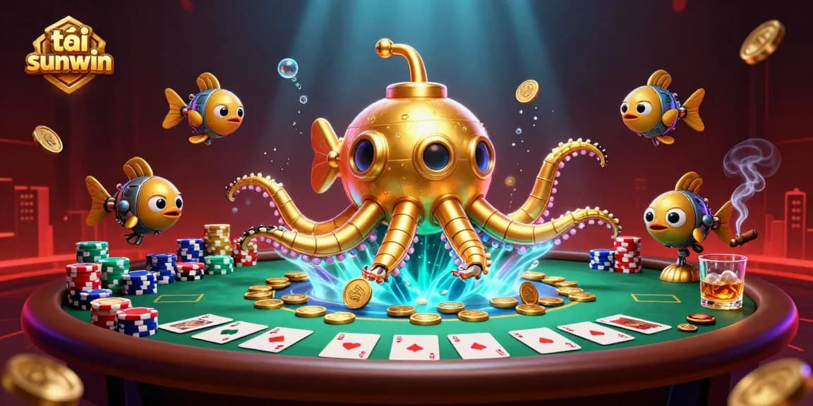 Play tải sunwin in a vibrant scene with a golden kraken and poker elements.
