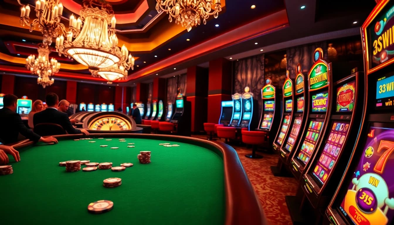 Players at the luxurious 33WIN casino table enjoy poker, betting chips and cards enhancing the excitement.