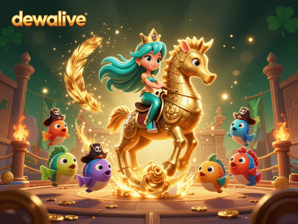 Dewalive menawarkan pengalaman gaming yang menarik dengan putri duyung dan kuda laut dalam ilustrasi 3D.