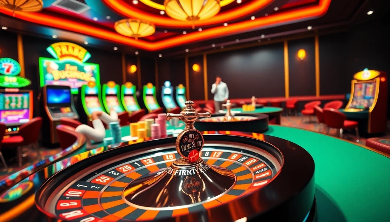 Engaging casino scene featuring rr88, showcasing roulette action with vibrant chips and cards.