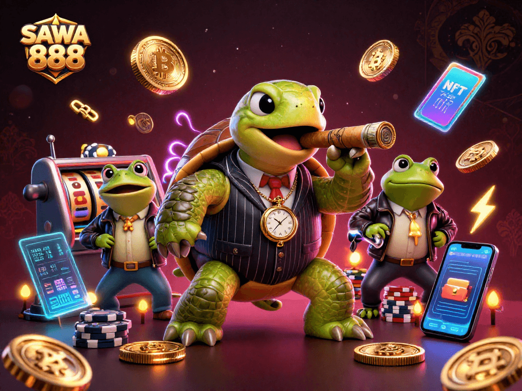 Spin and win at SAWA 888 with a vibrant 3D casino scene featuring fun characters and crypto elements.