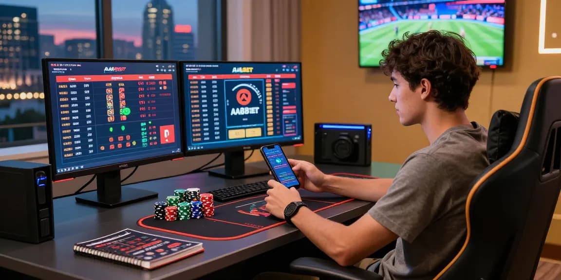 Engaging gambling lifestyle featuring AA88 BET with a young man betting at a modern desk with multiple screens.
