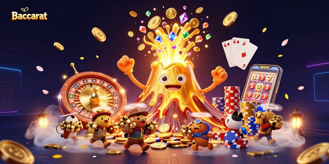 Baccarat-themed illustration showing a vibrant 3D scene with a golden volcano and treasure, ideal for captivating gamblers.