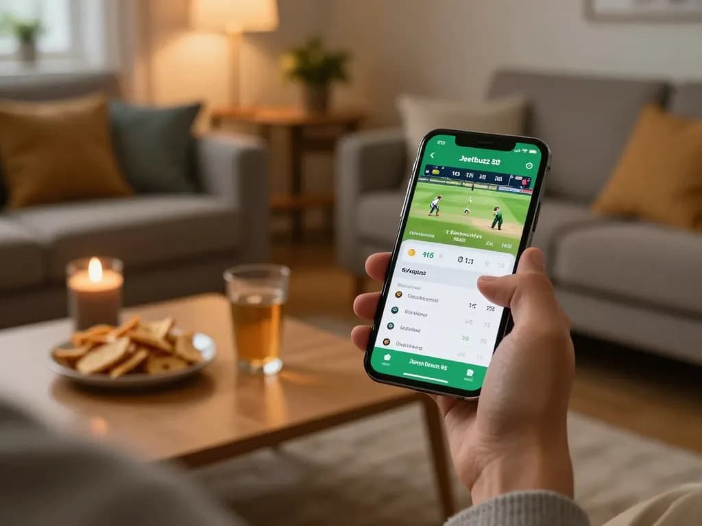Person engaging in live betting on the Jeetbuzz 88 app during a cricket match, showcasing excitement and strategy.
