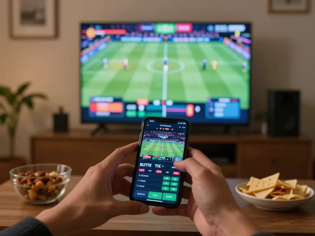 cm88 user placing a bet on sports betting app with excitement in a cozy home setting