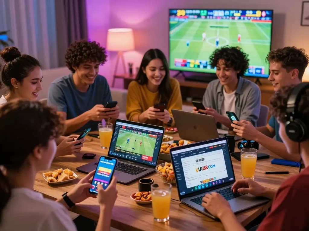 Exciting scene of friends enjoying online betting on UU88 COM in a lively living room.