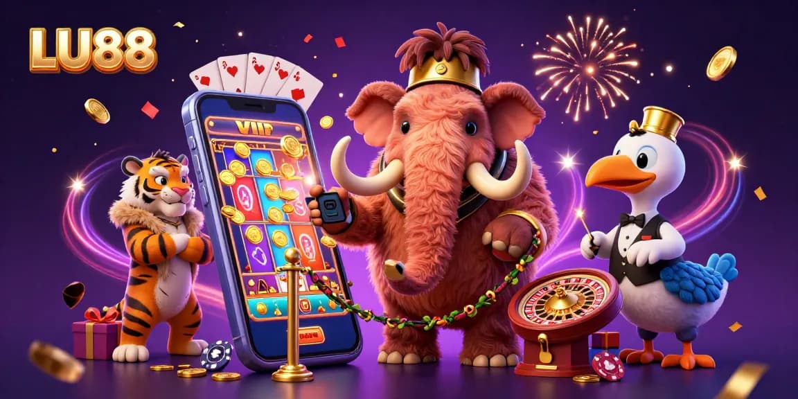 LU88 casino scene with a mammoth bouncer checking IDs, vibrant slots, and festive atmosphere.