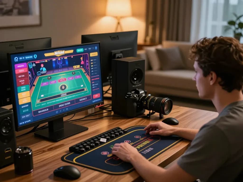 Engaging with the Tập đoàn okwin through an online casino experience, featuring multiple screens and strategic gameplay.