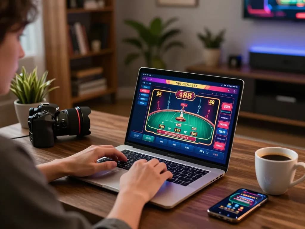 A player engaging with aa88 live dealer game on a laptop amid a cozy home setting, showcasing the thrill of online gambling.