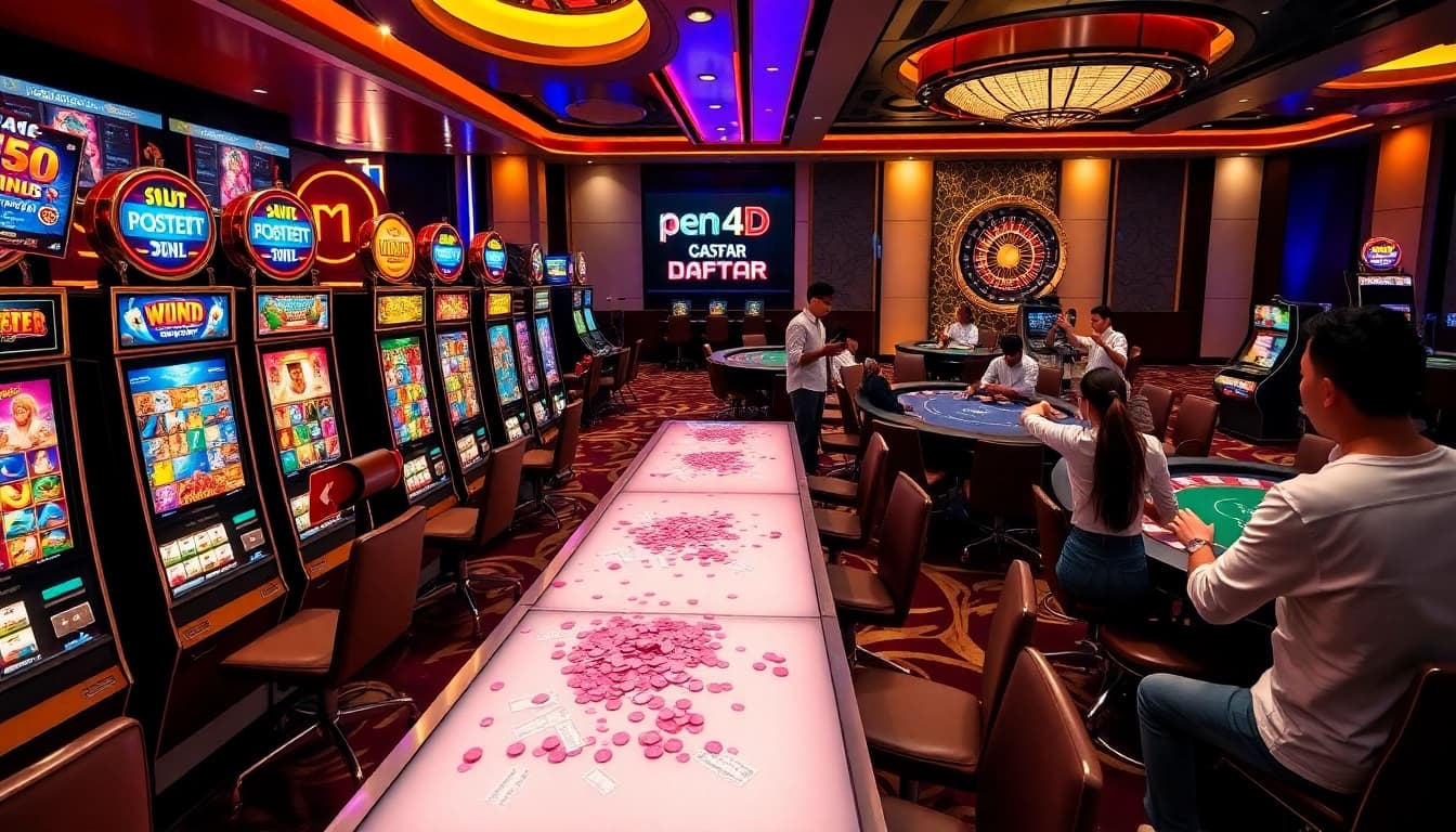 PEN4D daftar slots with vibrant designs and enthusiastic players celebrating wins in a luxurious casino setting.