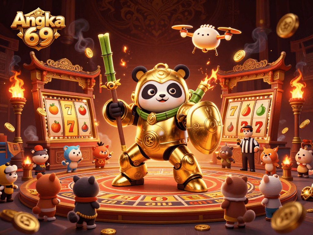 Experience the thrill of Angka 69 with dynamic casino characters and golden elements in a vibrant scene.