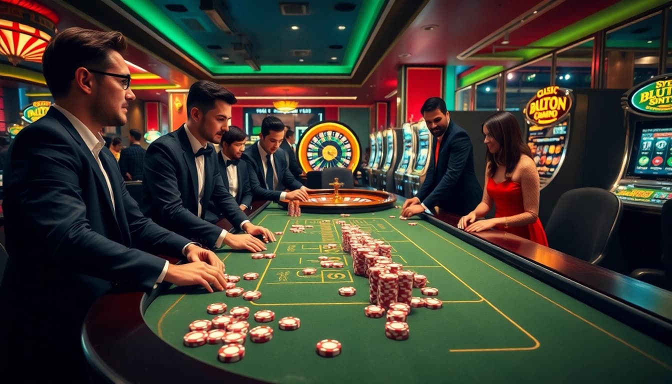Is shbet có uy tín không? Players enjoy a game at a luxurious casino with vibrant tables and slot machines.