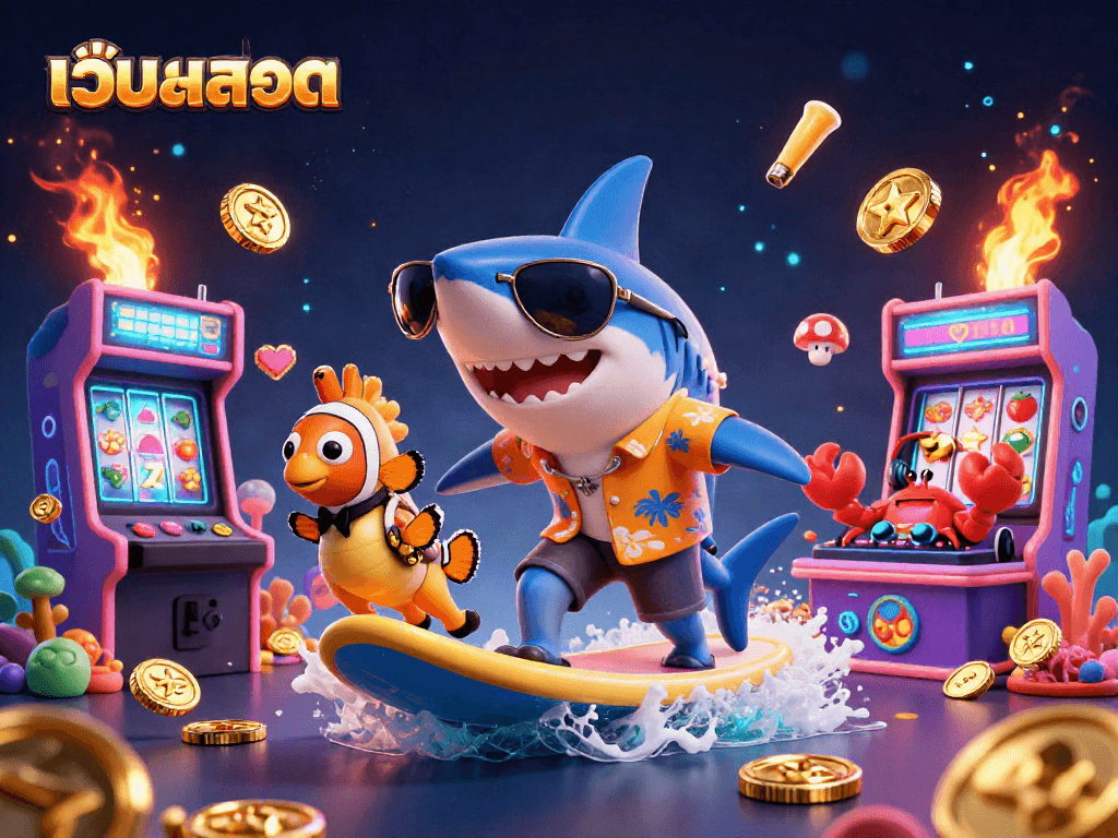 Engage with เว็บสล็อต through an exciting 3D illustration featuring a shark, clownfish, and crab in a vibrant casino scene.