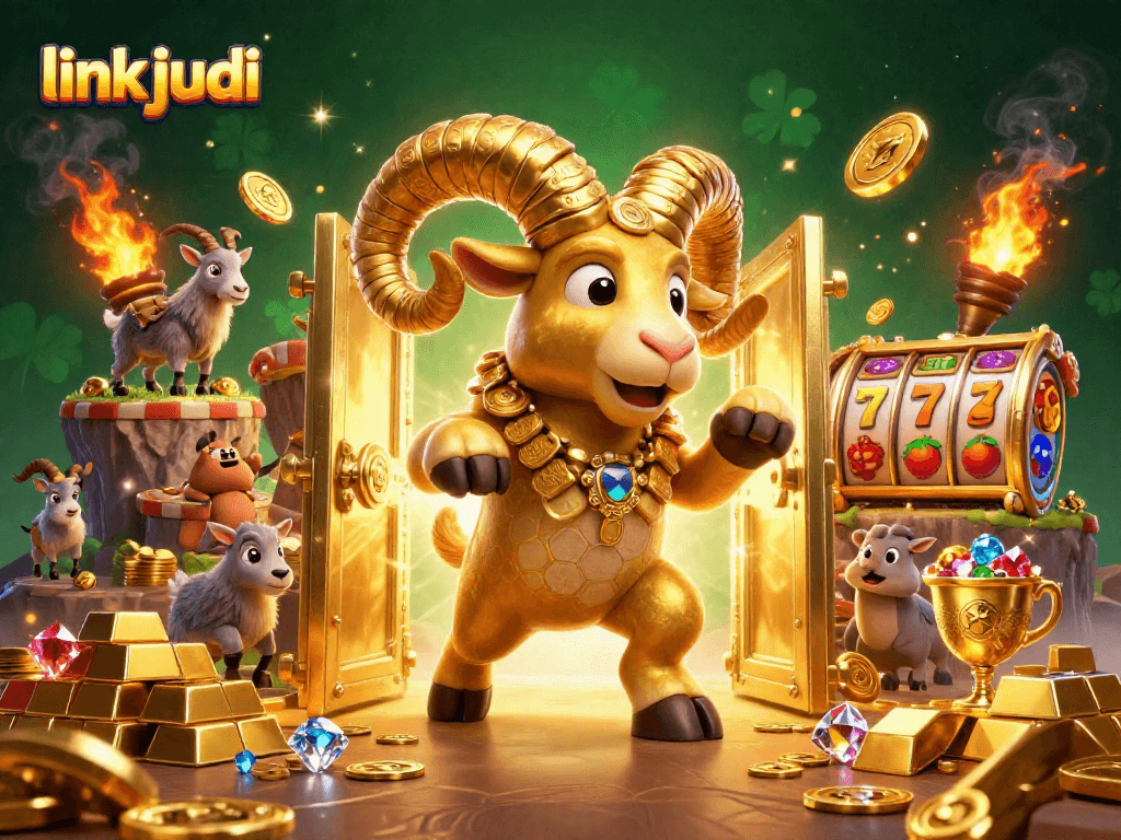 Experience thrilling moments with link judi, featuring a golden ram charging through a treasure-filled casino!