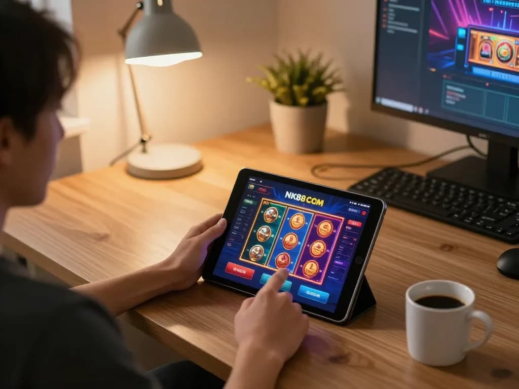 Engaged player enjoying a slots game on NK88 COM from a stylish home setup, highlighting strategic online gambling.