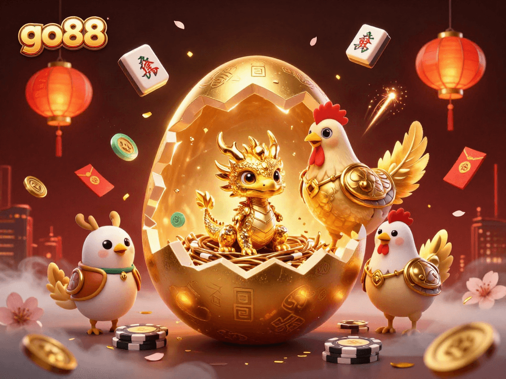 Engage with go88's vibrant casino scene featuring a golden dragon amidst chips, lanterns, and festive elements.
