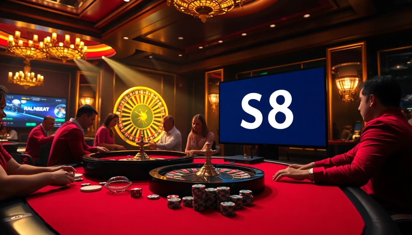 S8 gambling table with players betting and lively casino atmosphere.